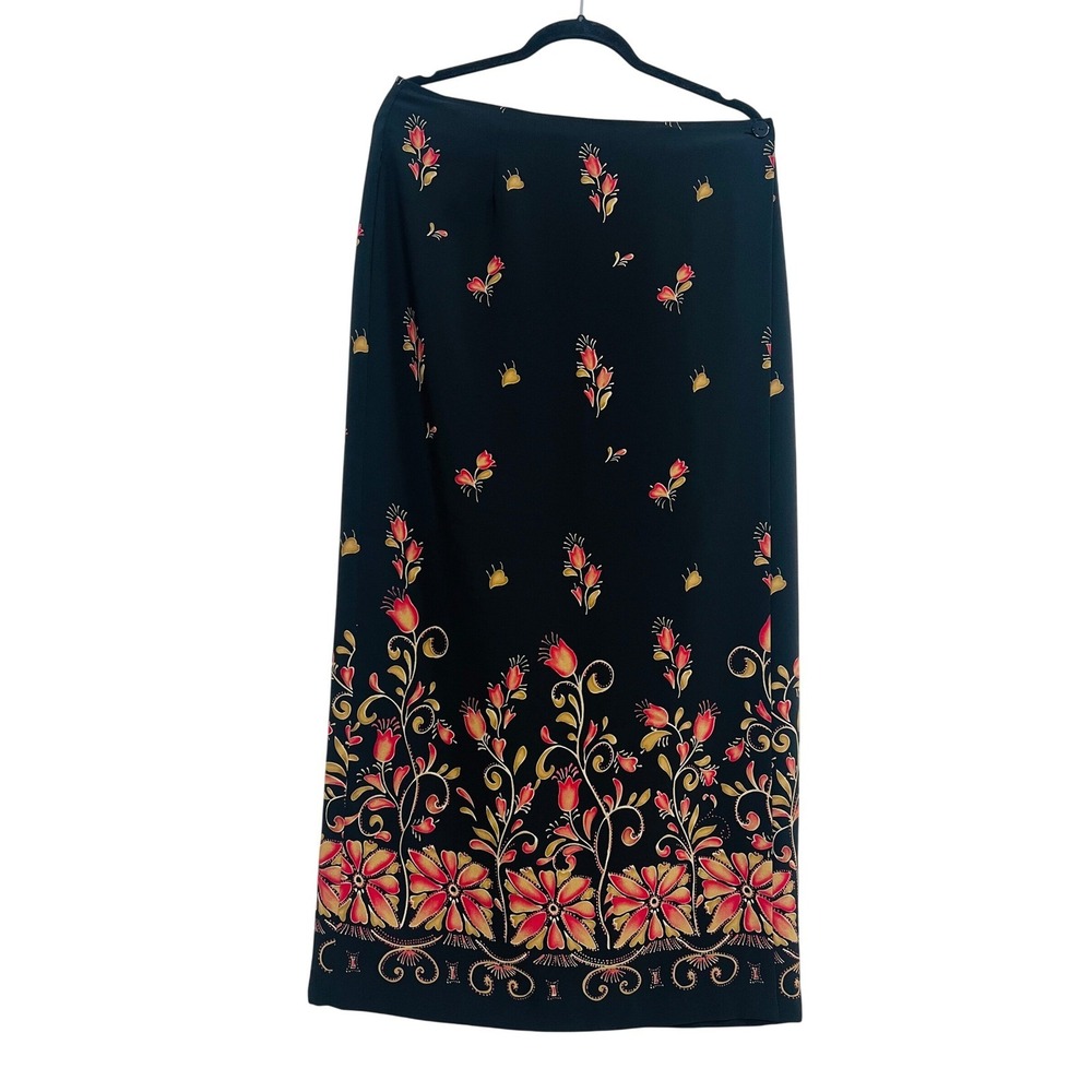 Vintage Jessica Floral Border Print Maxi Skirt Black Red Gold Made in Canada 12